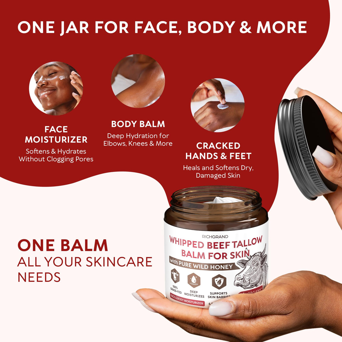 RICHGRAND Beef Tallow for Skin - Whipped Tallow and Honey Balm - Grass Fed Beef Tallow for Face, Daily Moisturizer & Body Butter - FENGGESTORE20
