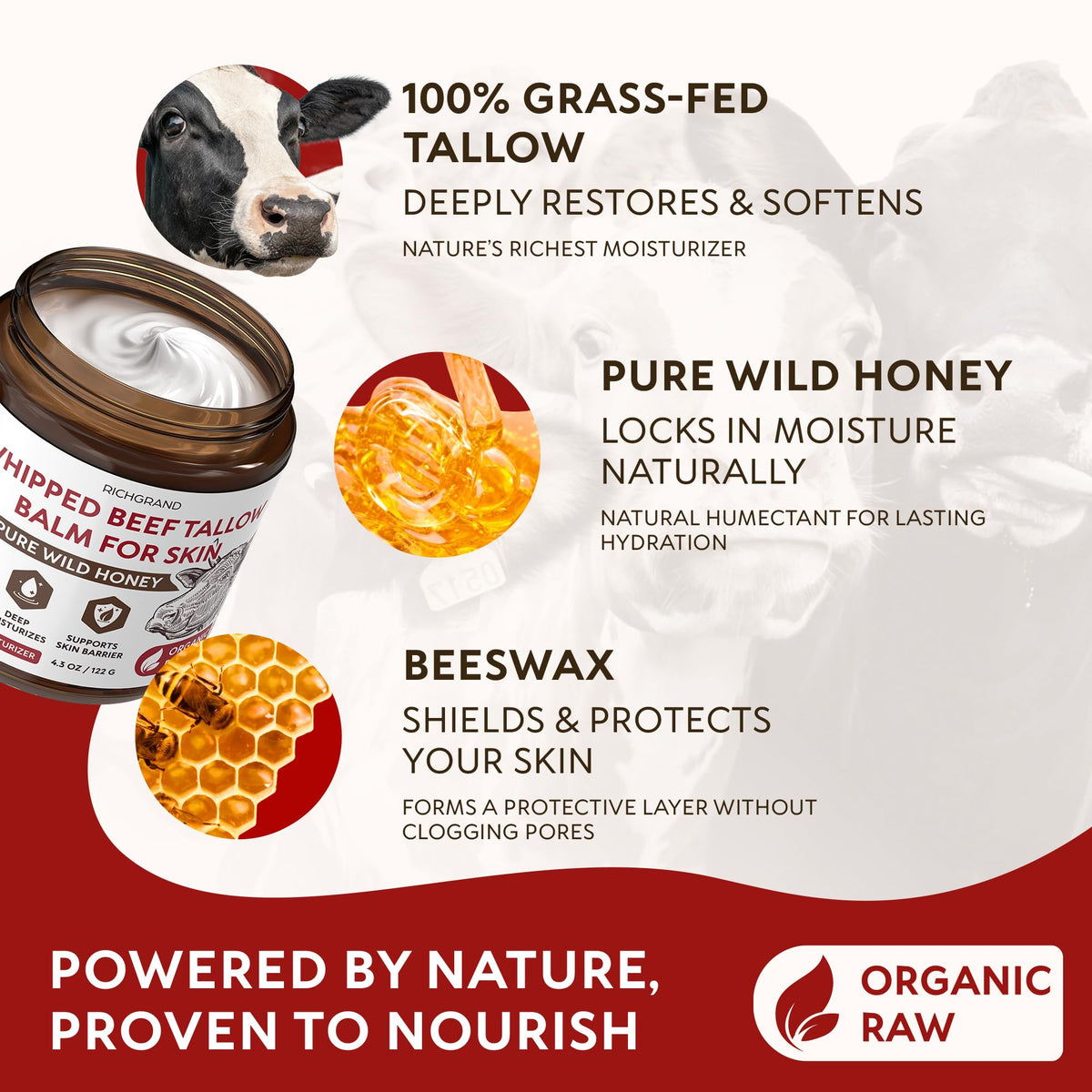 RICHGRAND Beef Tallow for Skin - Whipped Tallow and Honey Balm - Grass Fed Beef Tallow for Face, Daily Moisturizer & Body Butter - FENGGESTORE20