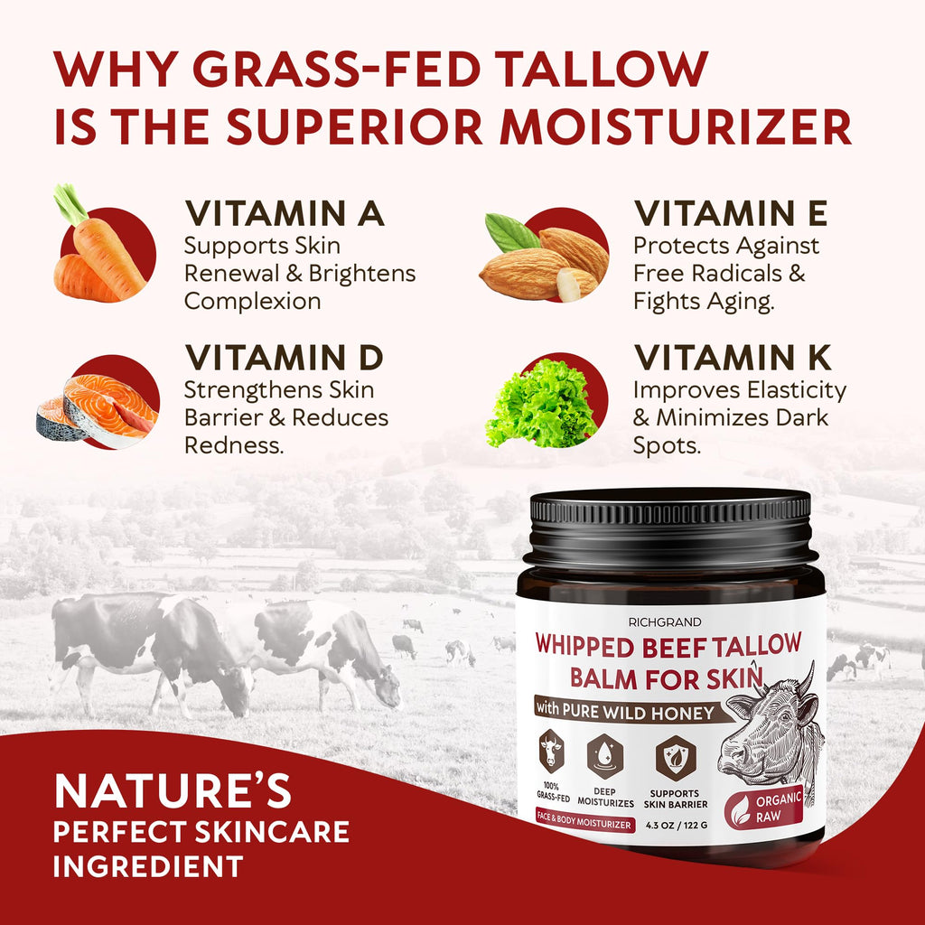 RICHGRAND Beef Tallow for Skin - Whipped Tallow and Honey Balm - Grass Fed Beef Tallow for Face, Daily Moisturizer & Body Butter - FENGGESTORE20
