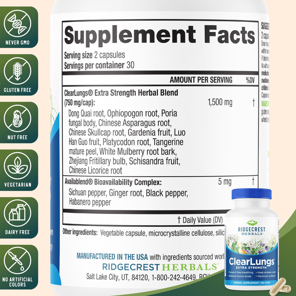 RidgeCrest Herbals ClearLungs Extra Strength, Daily Health Supplement, Natural Lung and Nasal Wellness Formula - FENGGESTORE20