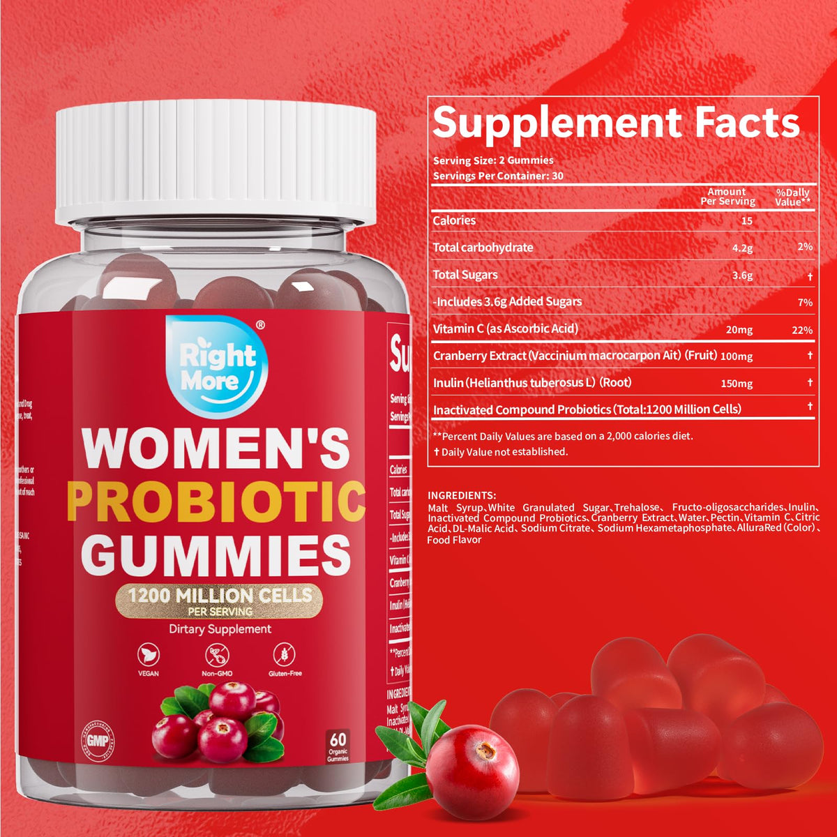 Right More Probiotic for Women Gummies,Feminine Balance Gummies, -1200 Billion Compound, Digestive & Immune Support, Supports Vaginal Health Prebiotics, Natural Cranberry Flavor, Vegan, 60 Gummies - FENGGESTORE20
