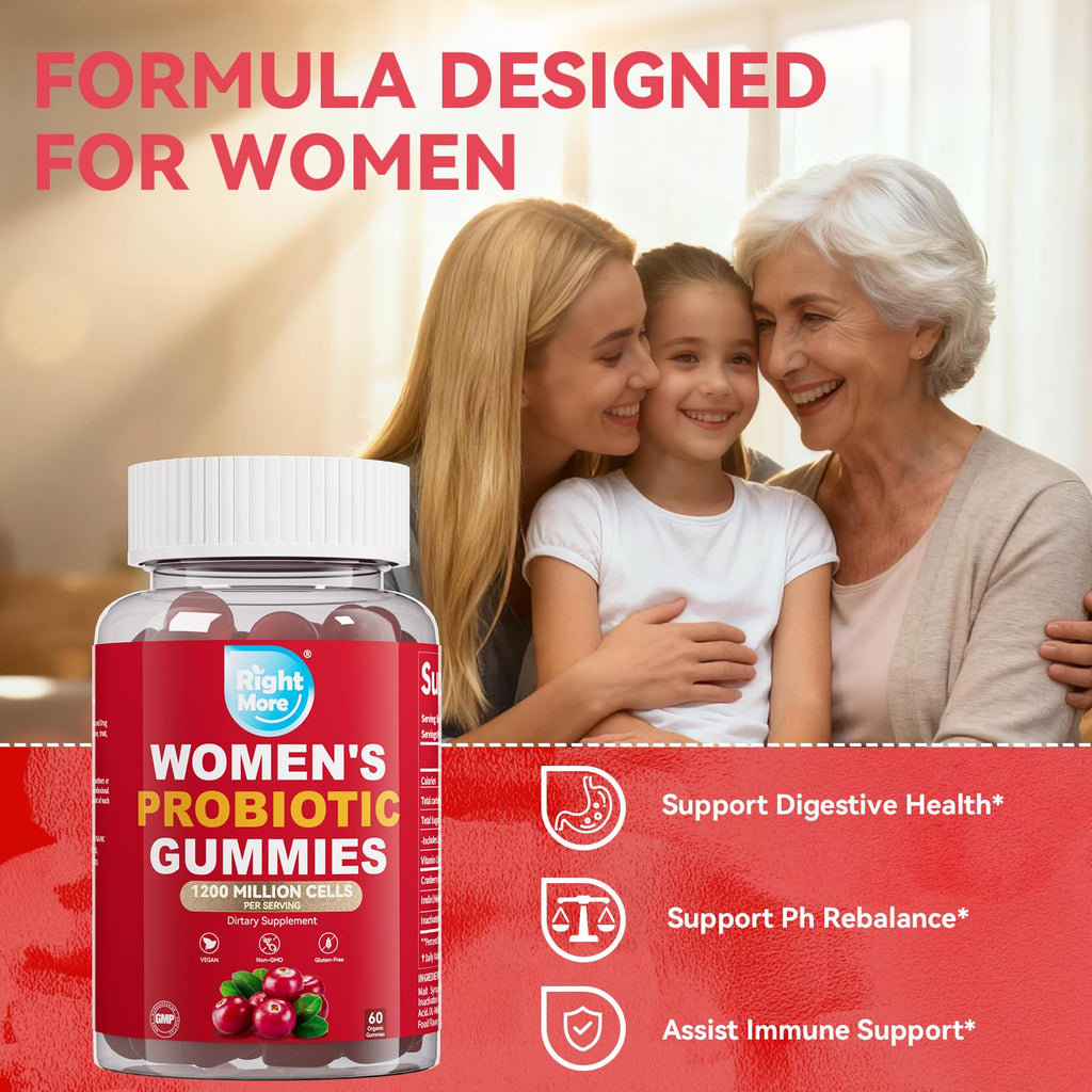 Right More Probiotic for Women Gummies,Feminine Balance Gummies, -1200 Billion Compound, Digestive & Immune Support, Supports Vaginal Health Prebiotics, Natural Cranberry Flavor, Vegan, 60 Gummies - FENGGESTORE20