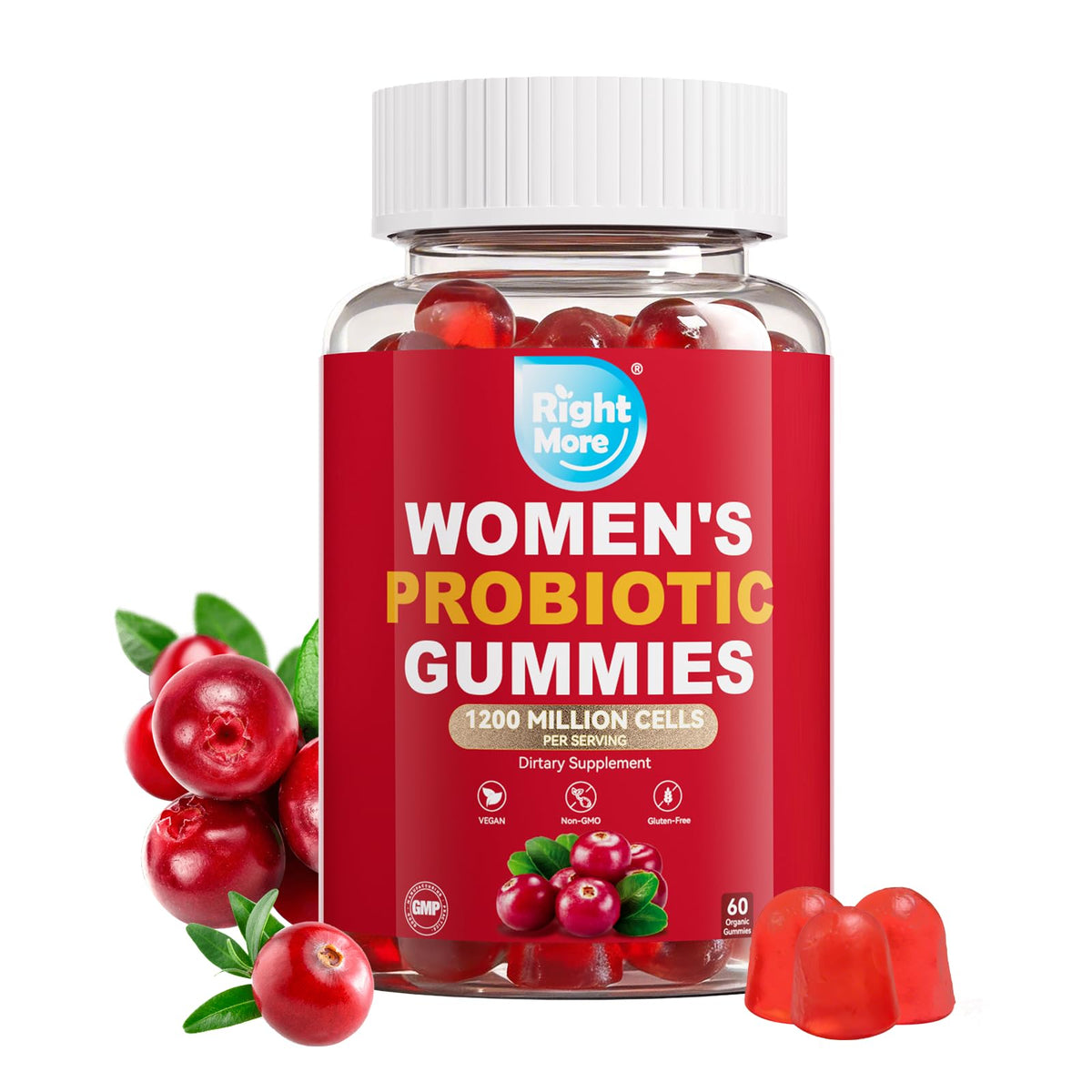 Right More Probiotic for Women Gummies,Feminine Balance Gummies, -1200 Billion Compound, Digestive & Immune Support, Supports Vaginal Health Prebiotics, Natural Cranberry Flavor, Vegan, 60 Gummies - FENGGESTORE20