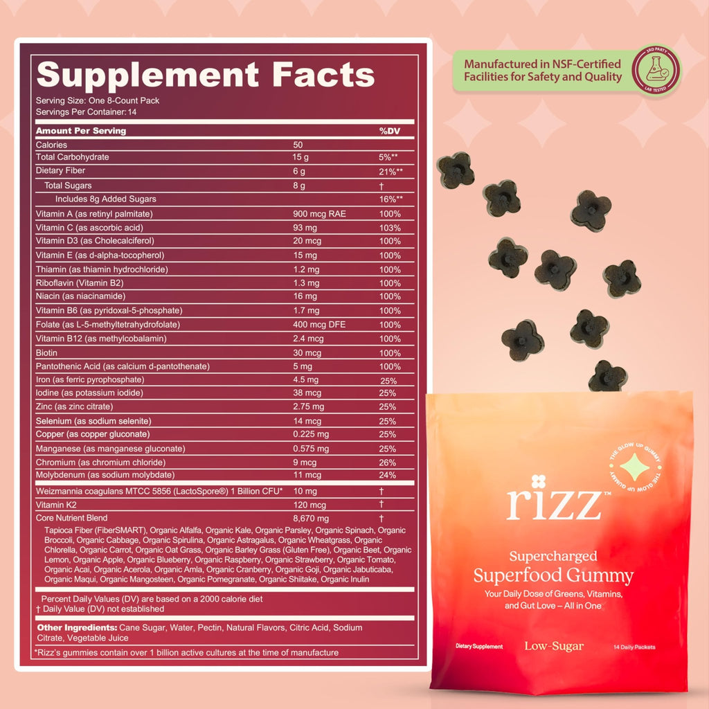 Rizz Low Sugar Green Gummies - 60+ Superfoods 6g Fiber - Prebiotic and Probiotic Gummies - Vegan Multivitamins for Women & Men - Gluten Free - Mushroom, - FENGGESTORE20
