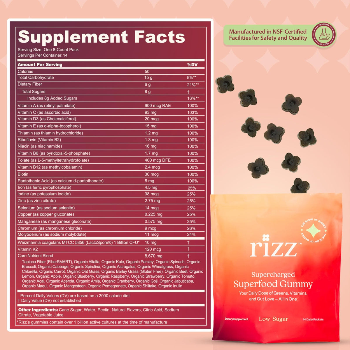Rizz Low Sugar Green Gummies - 60+ Superfoods 6g Fiber - Prebiotic and Probiotic Gummies - Vegan Multivitamins for Women & Men - Gluten Free - Mushroom, - FENGGESTORE20