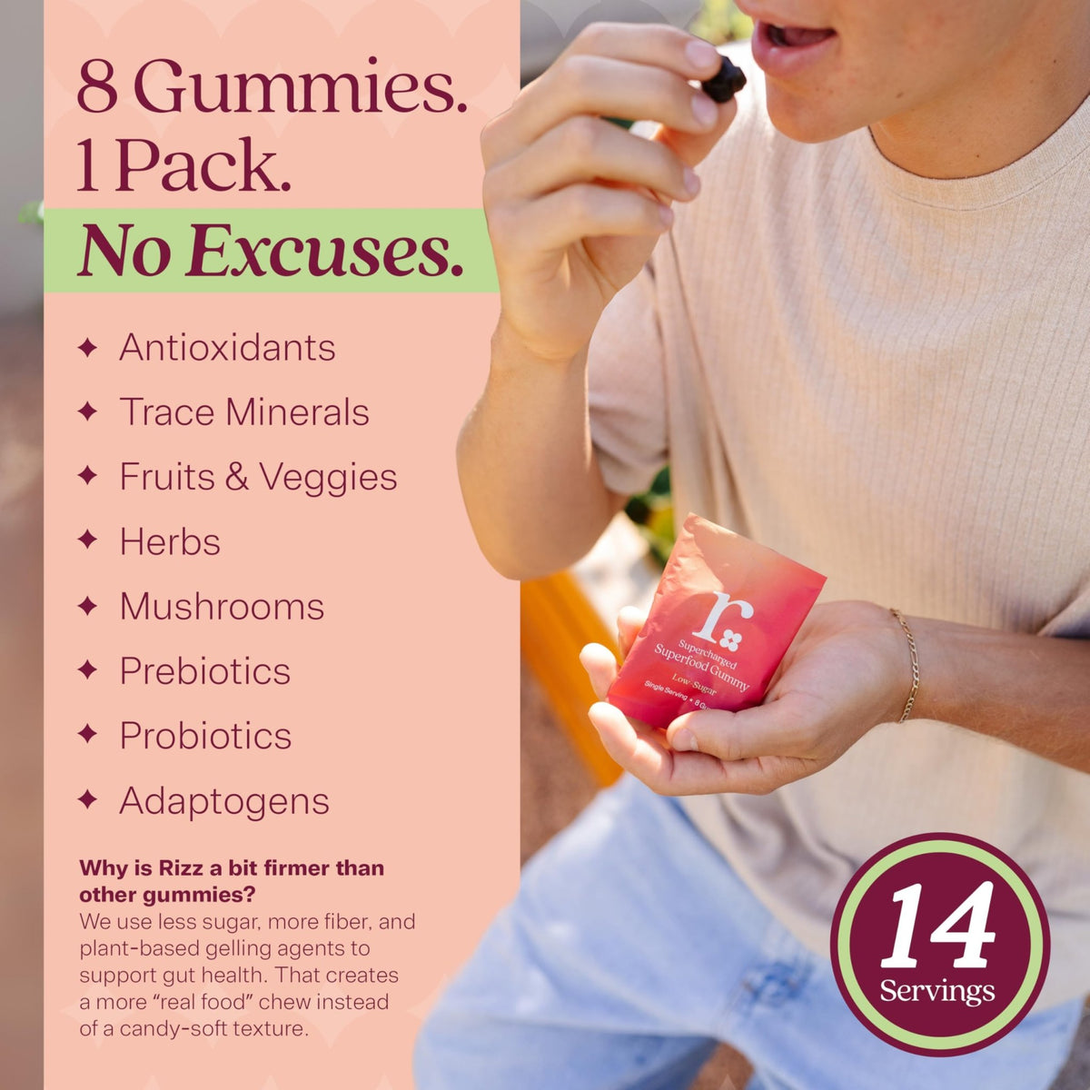 Rizz Low Sugar Green Gummies - 60+ Superfoods 6g Fiber - Prebiotic and Probiotic Gummies - Vegan Multivitamins for Women & Men - Gluten Free - Mushroom, - FENGGESTORE20