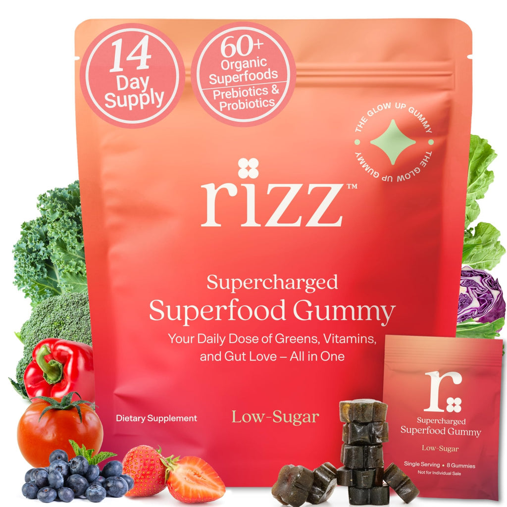 Rizz Low Sugar Green Gummies - 60+ Superfoods 6g Fiber - Prebiotic and Probiotic Gummies - Vegan Multivitamins for Women & Men - Gluten Free - Mushroom, - FENGGESTORE20