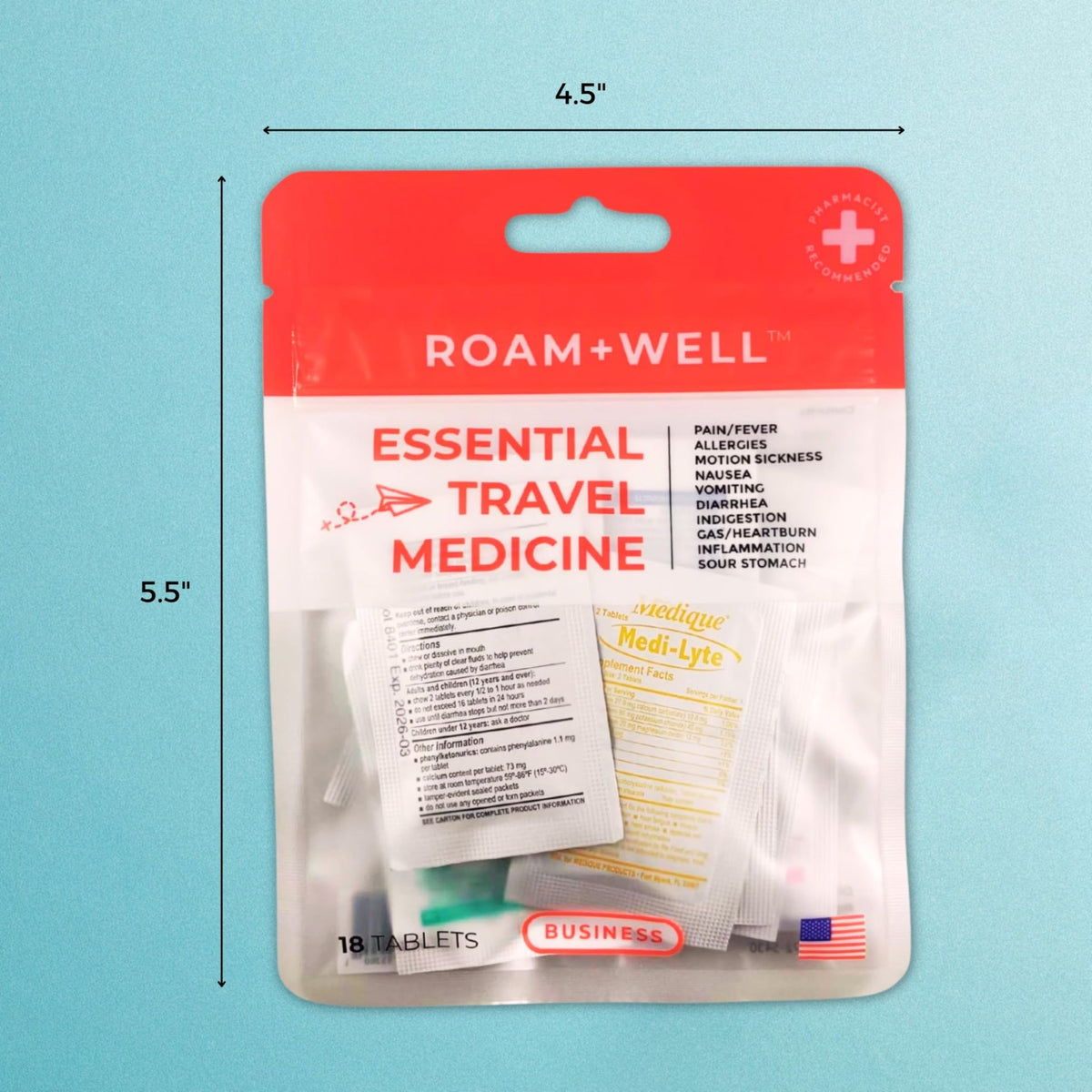Roamwell Essential Travel Medicine Kit, OTC Travel Medication, TSA Approved (Business | 18 Tablets) - FENGGESTORE20
