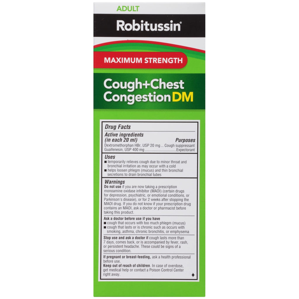 Robitussin Adult Maximum Strength Cough + Chest Congestion DM Max (8 fl. oz. Bottle), Cough Suppressant & Expectorant, Raspberry Flavor - FENGGESTORE20