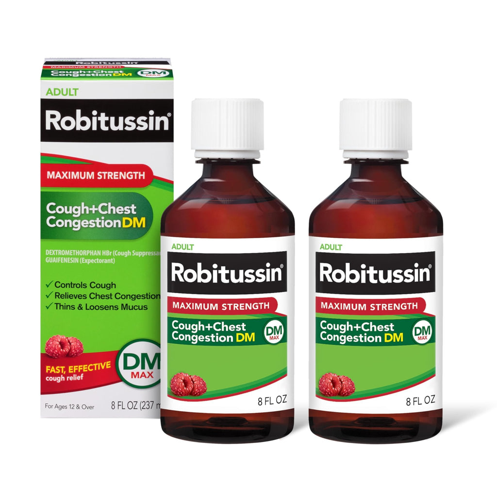 Robitussin Adult Maximum Strength Cough Plus Chest Congestion DM Max, Cough Suppressant and Expectorant, Raspberry Flavor, 8 Fl Oz x 2 - FENGGESTORE20