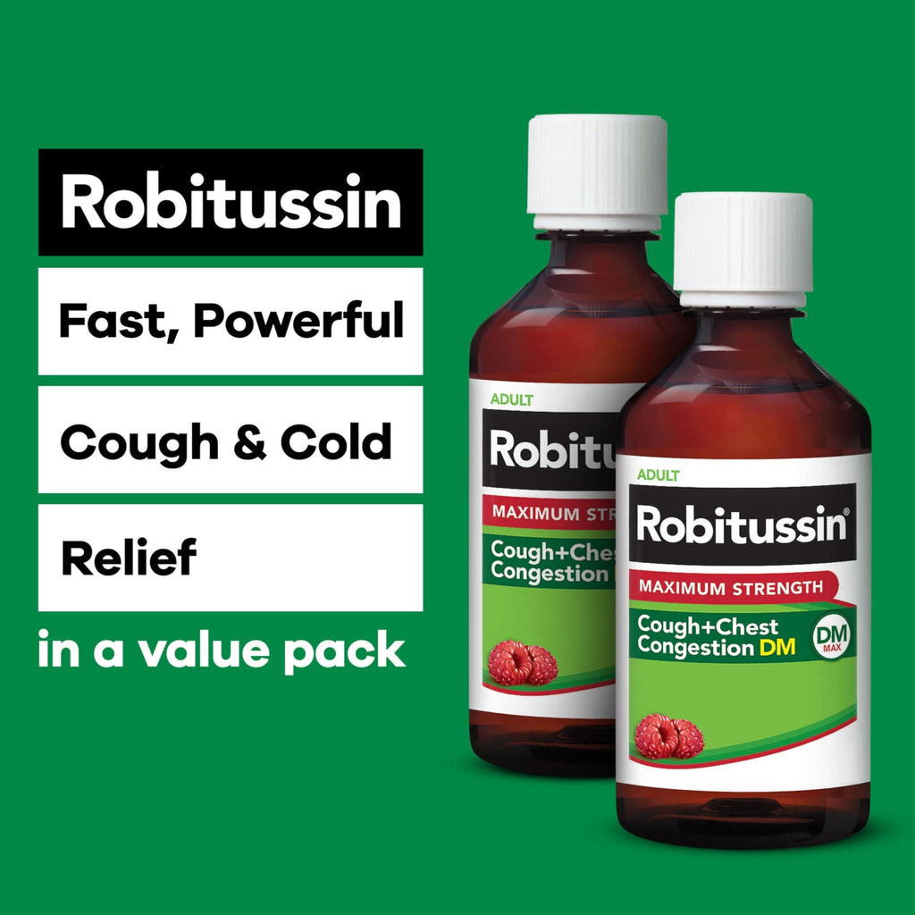 Robitussin Adult Maximum Strength Cough Plus Chest Congestion DM Max, Cough Suppressant and Expectorant, Raspberry Flavor, 8 Fl Oz x 2 - FENGGESTORE20