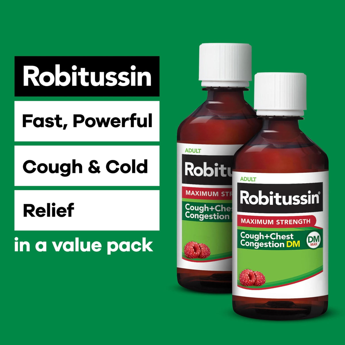 Robitussin Adult Maximum Strength Cough Plus Chest Congestion DM Max, Cough Suppressant and Expectorant, Raspberry Flavor, 8 Fl Oz x 2 - FENGGESTORE20