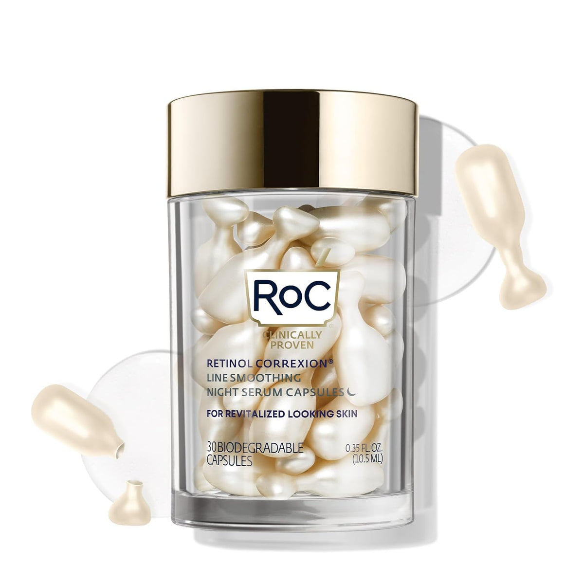 RoC Retinol Correxion Anti-Aging Wrinkle Night Serum, Retinol Serum for Face, Daily Treatment for Fine Lines, Post Acne Scars, 30 Capsules, Unscented, 0.35 Fl Oz - FENGGESTORE20