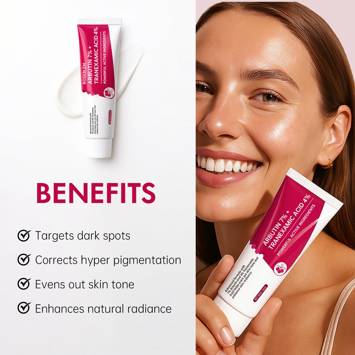 Roseblem Arbutin 7% + Tranexamic Acid 4% Face Cream for Dark Spots & Uneven Skin Tone - FENGGESTORE20