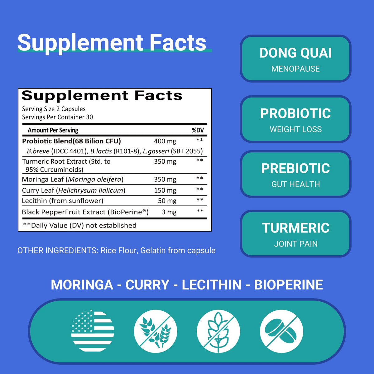 Ruolai ProBalance Probiotics for Women 68B CFU – Menopause, Bloat & Belly Support – Turmeric & Moringa - FENGGESTORE20
