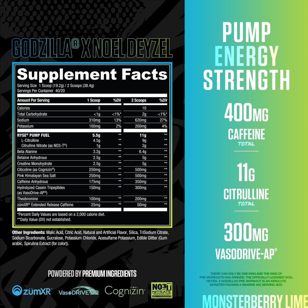 RYSE Godzilla X Noel Deyzel Pre Workout Powder - Monsterberry Lime - 400mg Caffeine, High Stim Pre-Workout for Men & Women with Citrulline & Beta Alanine - Energy, Pump & Focus - 20/40 Servings - FENGGESTORE20