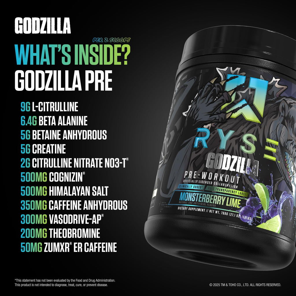 RYSE Godzilla X Noel Deyzel Pre Workout Powder - Monsterberry Lime - 400mg Caffeine, High Stim Pre-Workout for Men & Women with Citrulline & Beta Alanine - Energy, Pump & Focus - 20/40 Servings - FENGGESTORE20