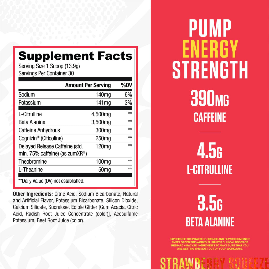 RYSE Loaded Pre Workout Powder - Strawberry Squeeze - Daily Pre-Workout for Men & Women with 390mg Caffeine, Beta Alanine, and Citrulline for Pump - FENGGESTORE20