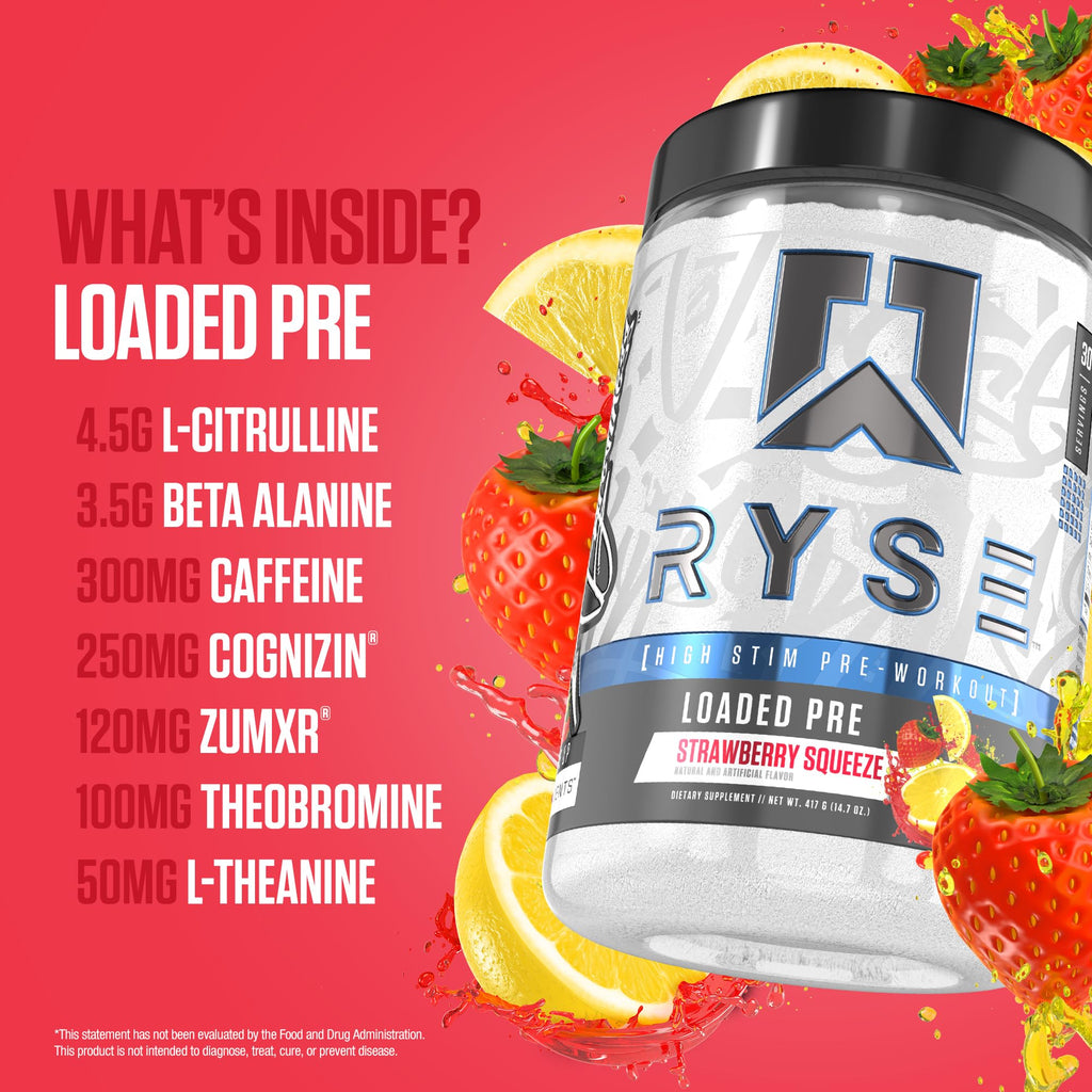 RYSE Loaded Pre Workout Powder - Strawberry Squeeze - Daily Pre-Workout for Men & Women with 390mg Caffeine, Beta Alanine, and Citrulline for Pump - FENGGESTORE20