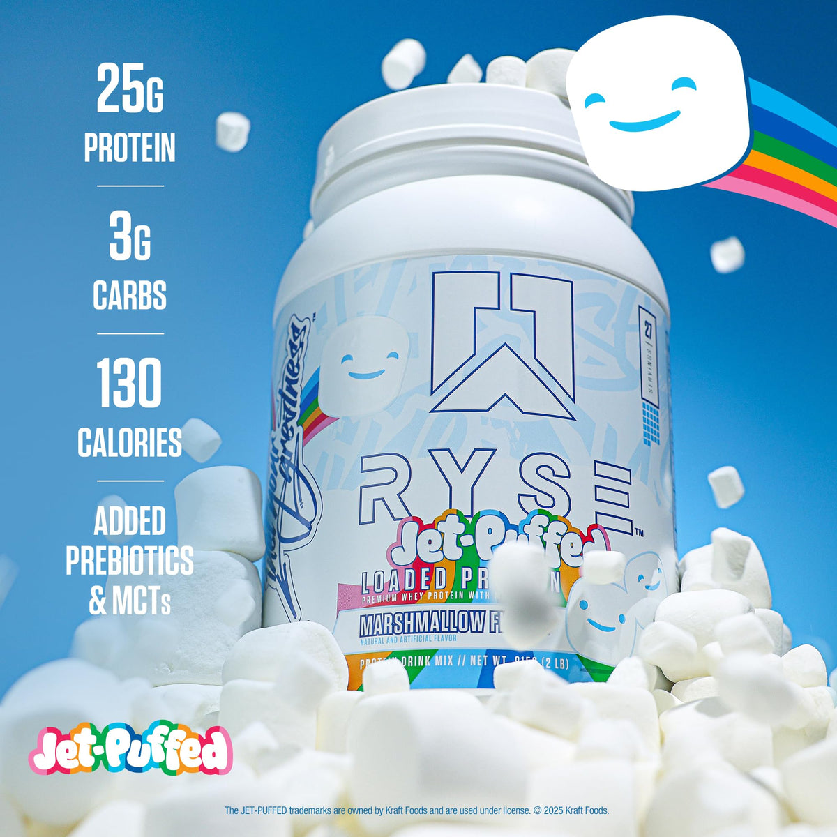 RYSE Loaded Protein Powder - Jet-Puffed Marshmallow - 25g Whey Protein Isolate & Concentrate with Prebiotic Fiber & MCTs - Low Carb, Low Sugar, Digestive-Friendly - 27 Servings / 2 lb Tub - FENGGESTORE20