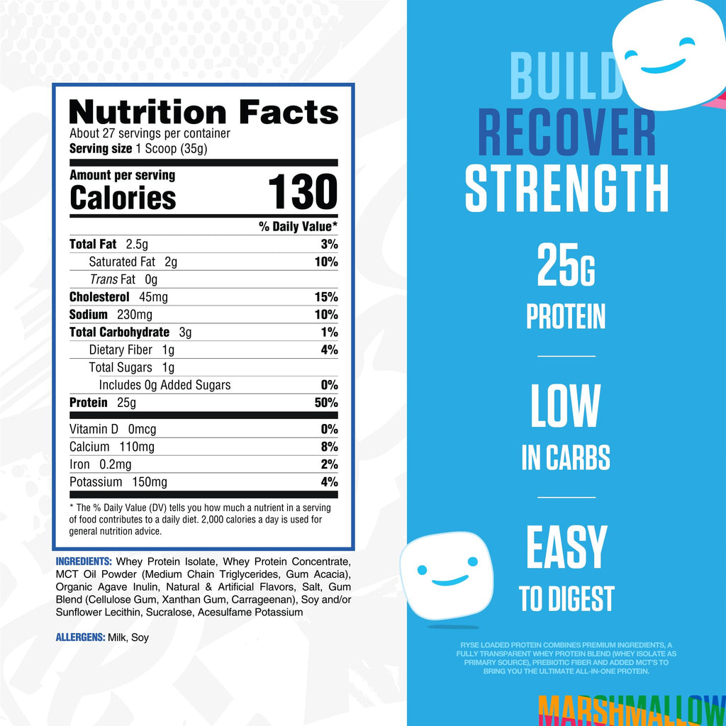 RYSE Loaded Protein Powder - Jet-Puffed Marshmallow - 25g Whey Protein Isolate & Concentrate with Prebiotic Fiber & MCTs - Low Carb, Low Sugar, Digestive-Friendly - 27 Servings / 2 lb Tub - FENGGESTORE20