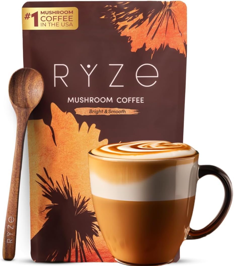 RYZE SUPERFOODS Mushroom Medium Roast Coffee USDA Organic with 6 Adaptogenic Mushrooms, USA Grown Instant Coffee for Better Energy - FENGGESTORE20