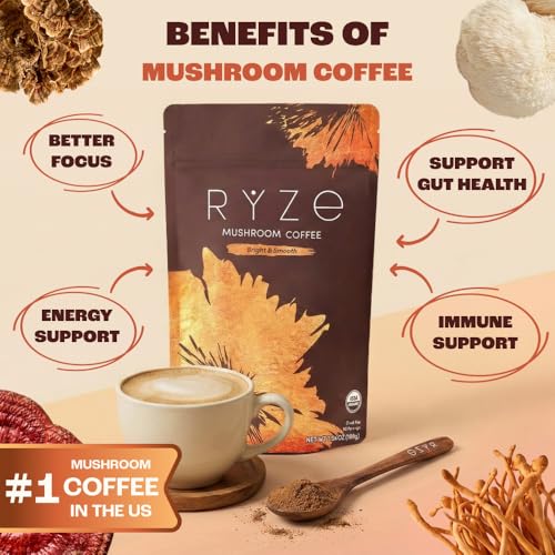 RYZE SUPERFOODS Mushroom Medium Roast Coffee USDA Organic with 6 Adaptogenic Mushrooms, USA Grown Instant Coffee for Better Energy - FENGGESTORE20