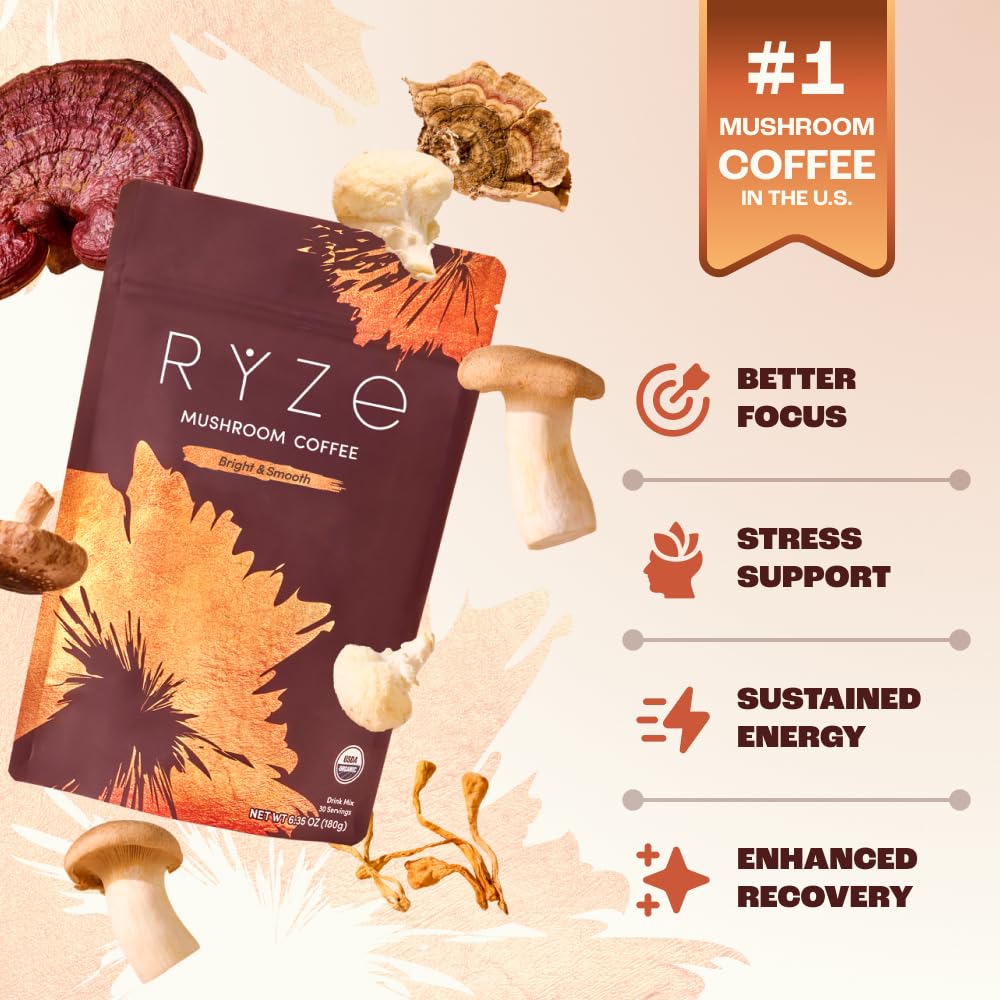 RYZE SUPERFOODS Mushroom Medium Roast Coffee USDA Organic with 6 Adaptogenic Mushrooms, USA Grown Instant Coffee for Better Energy - FENGGESTORE20