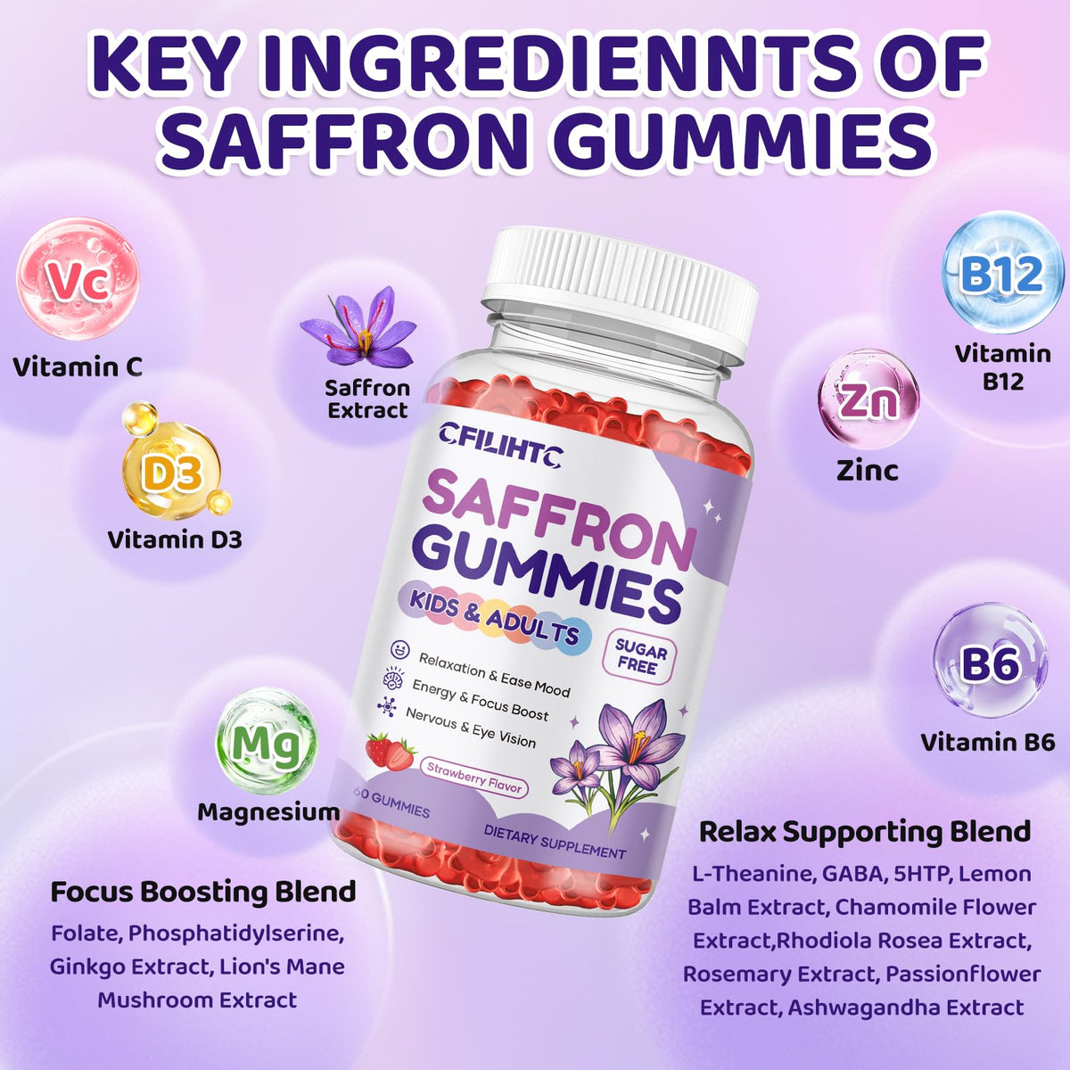 Saffron Gummies for Kids & Adults, 20-in-1 Saffron Supplements with 88.5mg Saffron Extract, B6, B12, C, D3, Magnesium for Calm, Focus, Nerve, Sugar Free, Vegan - FENGGESTORE20