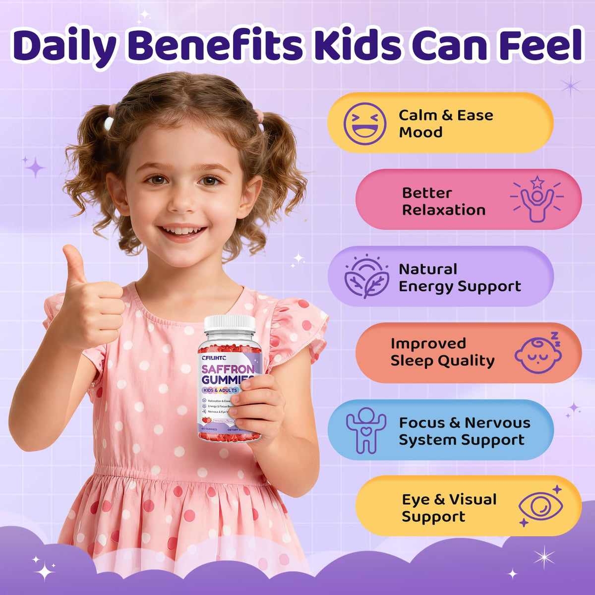 Saffron Gummies for Kids & Adults, 20-in-1 Saffron Supplements with 88.5mg Saffron Extract, B6, B12, C, D3, Magnesium for Calm, Focus, Nerve, Sugar Free, Vegan - FENGGESTORE20