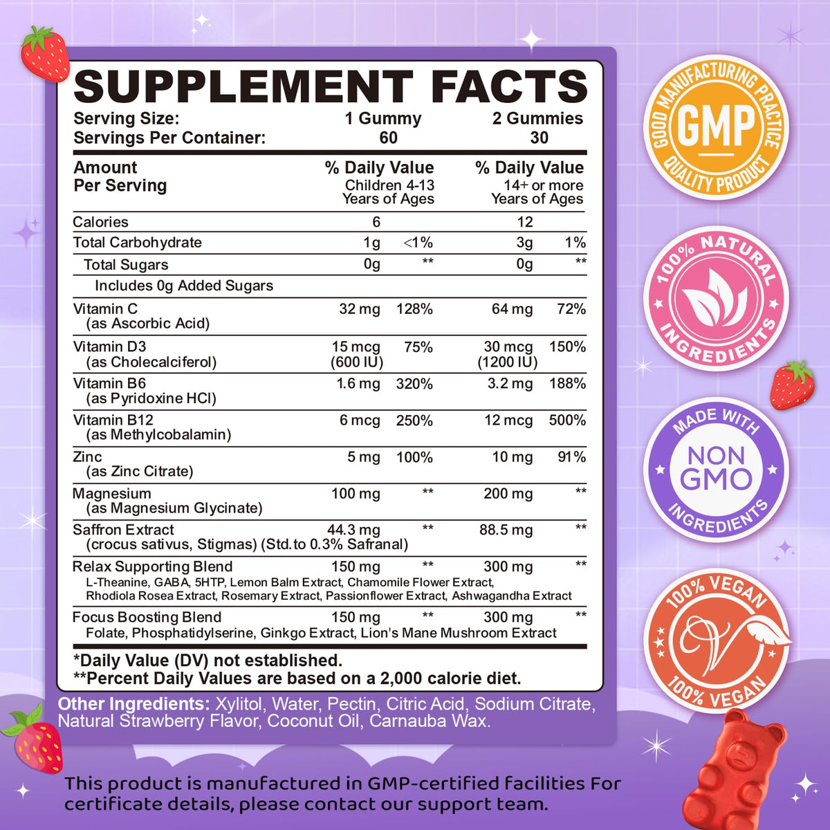 Saffron Gummies for Kids & Adults, 20-in-1 Saffron Supplements with 88.5mg Saffron Extract, B6, B12, C, D3, Magnesium for Calm, Focus, Nerve, Sugar Free, Vegan - FENGGESTORE20