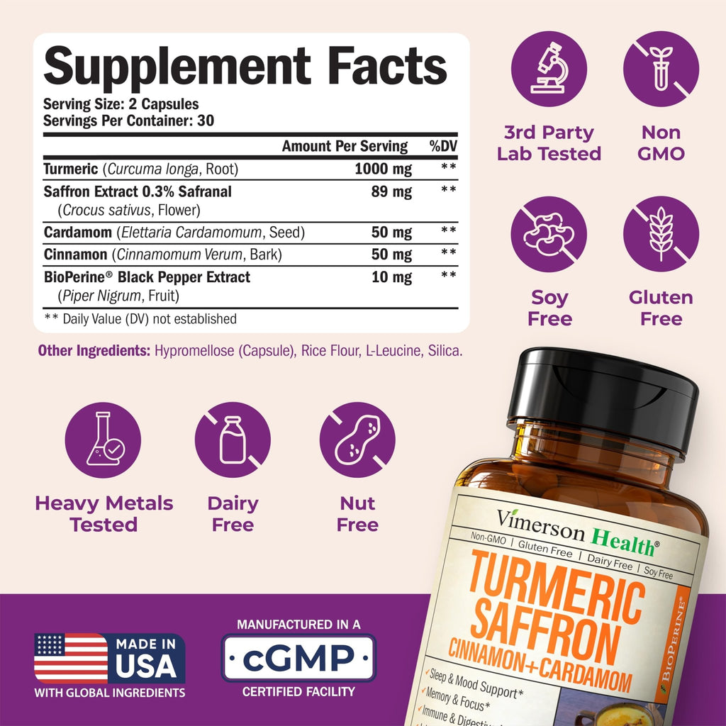 Saffron Supplements – 89mg Saffron Extract, 1000mg Turmeric Curcumin, Ceylon Cinnamon & Cardamom – Daily Mood, Joint & Metabolic Support – Joint Supplements for Women & Men – 60 Capsules - FENGGESTORE20