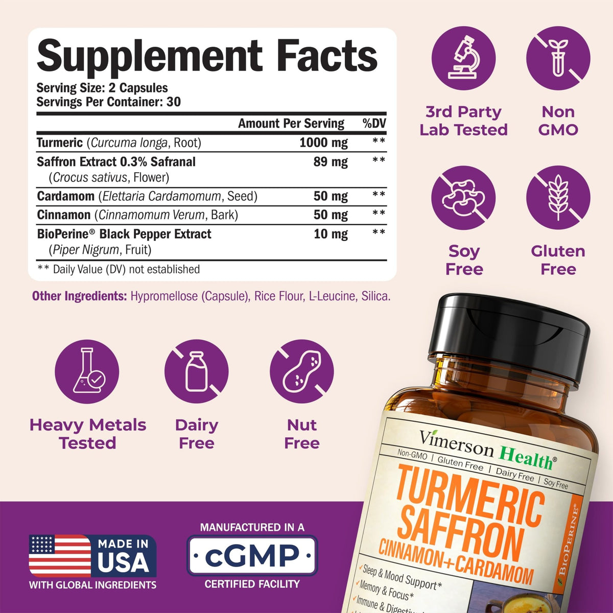 Saffron Supplements – 89mg Saffron Extract, 1000mg Turmeric Curcumin, Ceylon Cinnamon & Cardamom – Daily Mood, Joint & Metabolic Support – Joint Supplements for Women & Men – 60 Capsules - FENGGESTORE20