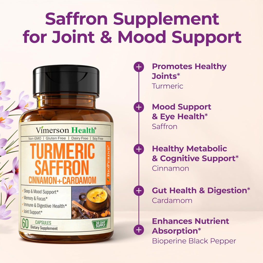 Saffron Supplements – 89mg Saffron Extract, 1000mg Turmeric Curcumin, Ceylon Cinnamon & Cardamom – Daily Mood, Joint & Metabolic Support – Joint Supplements for Women & Men – 60 Capsules - FENGGESTORE20
