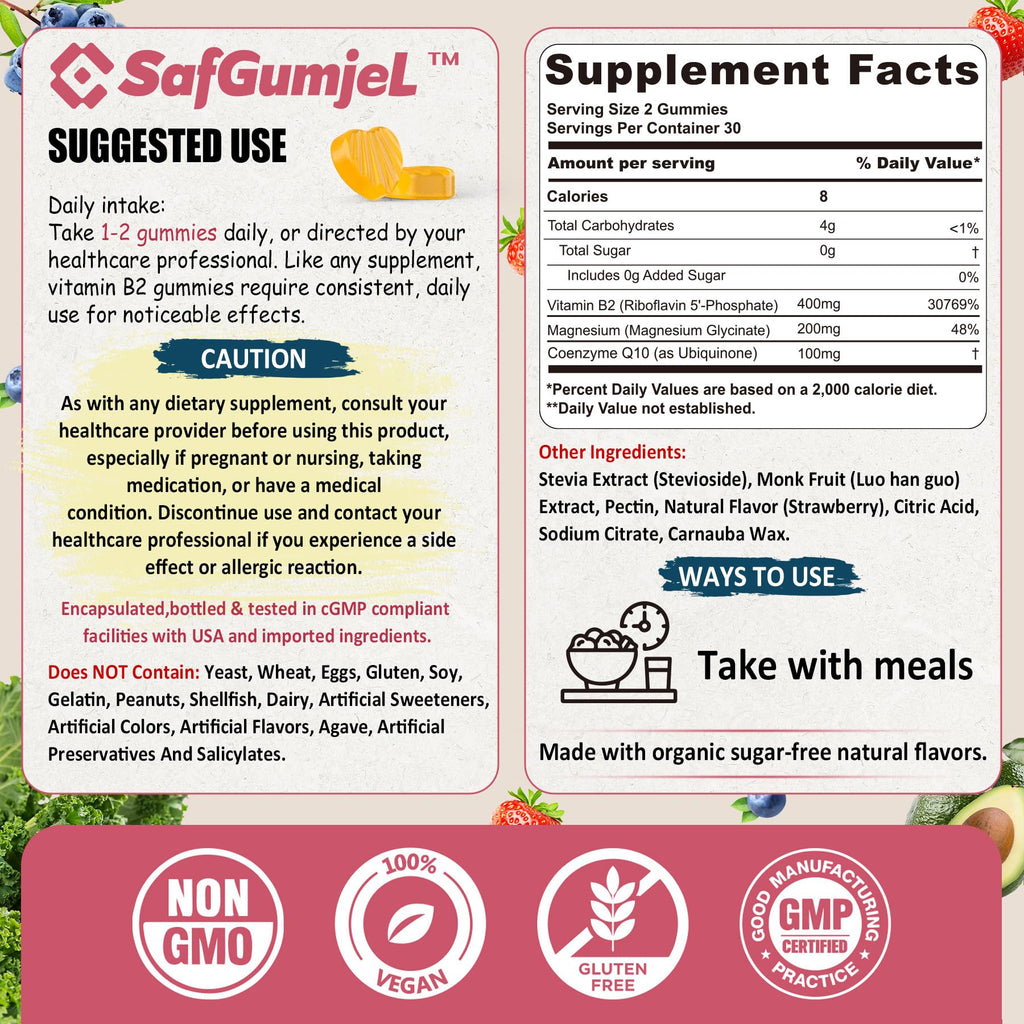 Safgumjel Vitamin B2 Gummies | Riboflavin 400mg with Magnesium & CoQ10 for Migraine Relief & Headache Relief | Sugar Free, Vegan, Strawberry Flavor, 60 Count - FENGGESTORE20