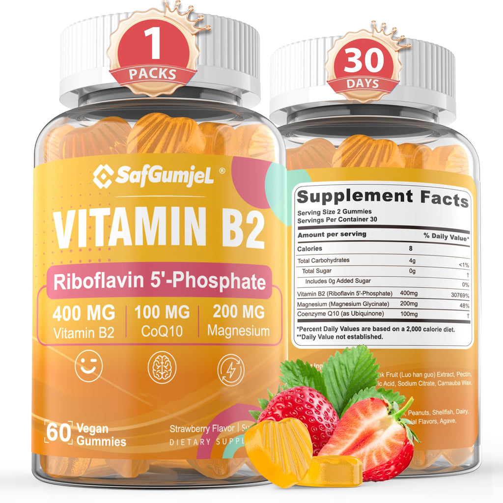 Safgumjel Vitamin B2 Gummies | Riboflavin 400mg with Magnesium & CoQ10 for Migraine Relief & Headache Relief | Sugar Free, Vegan, Strawberry Flavor, 60 Count - FENGGESTORE20
