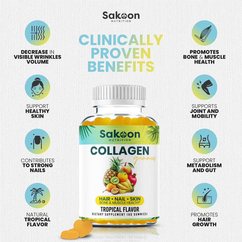 Sakoon nutrition Halal Collagen Gummies for Women and Men - Anti Aging, Hair Growth, Skin Care & Strong Nails Protein Collagen Supplements - Non-GMO, Gluten Free - Made in USA - FENGGESTORE20