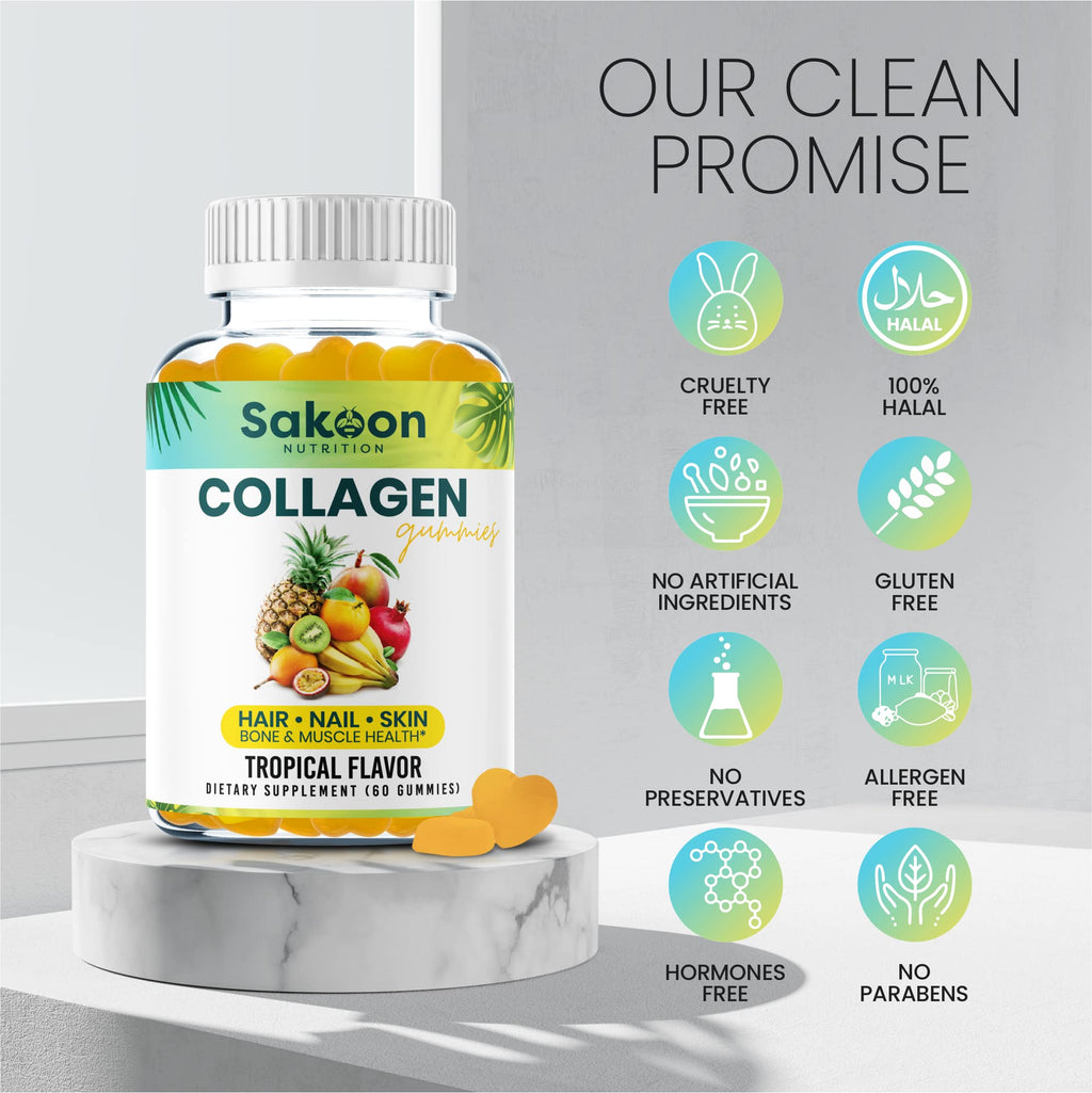 Sakoon nutrition Halal Collagen Gummies for Women and Men - Anti Aging, Hair Growth, Skin Care & Strong Nails Protein Collagen Supplements - Non-GMO, Gluten Free - Made in USA - FENGGESTORE20