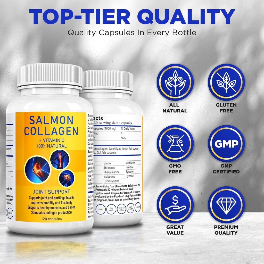 Salcoll Premium Marine Collagen Capsules, 120 Count, Fish Collagen Supplement for Joint Support, Skin, Hair & Nails - FENGGESTORE20