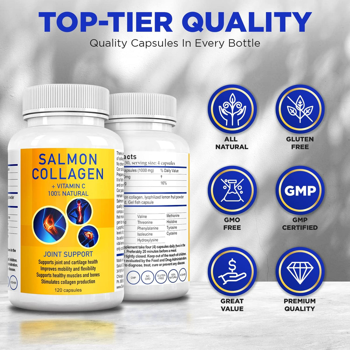 Salcoll Premium Marine Collagen Capsules, 120 Count, Fish Collagen Supplement for Joint Support, Skin, Hair & Nails - FENGGESTORE20