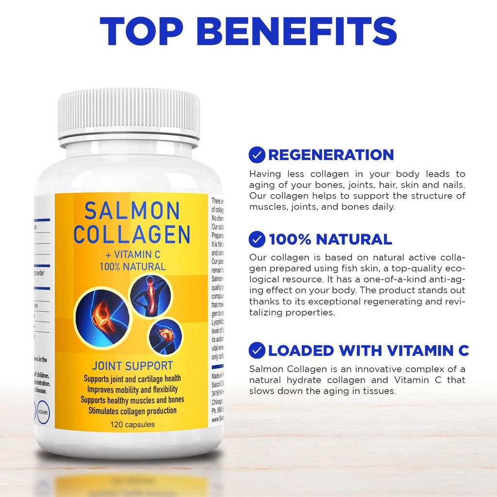 Salcoll Premium Marine Collagen Capsules, 120 Count, Fish Collagen Supplement for Joint Support, Skin, Hair & Nails - FENGGESTORE20