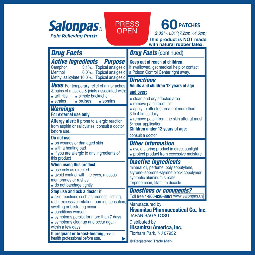 Salonpas Pain Relieving Patch for Back, Neck, Shoulder, Knee Pain and Muscle Soreness - 8 Hour Pain Relief - 60 Count - FENGGESTORE20