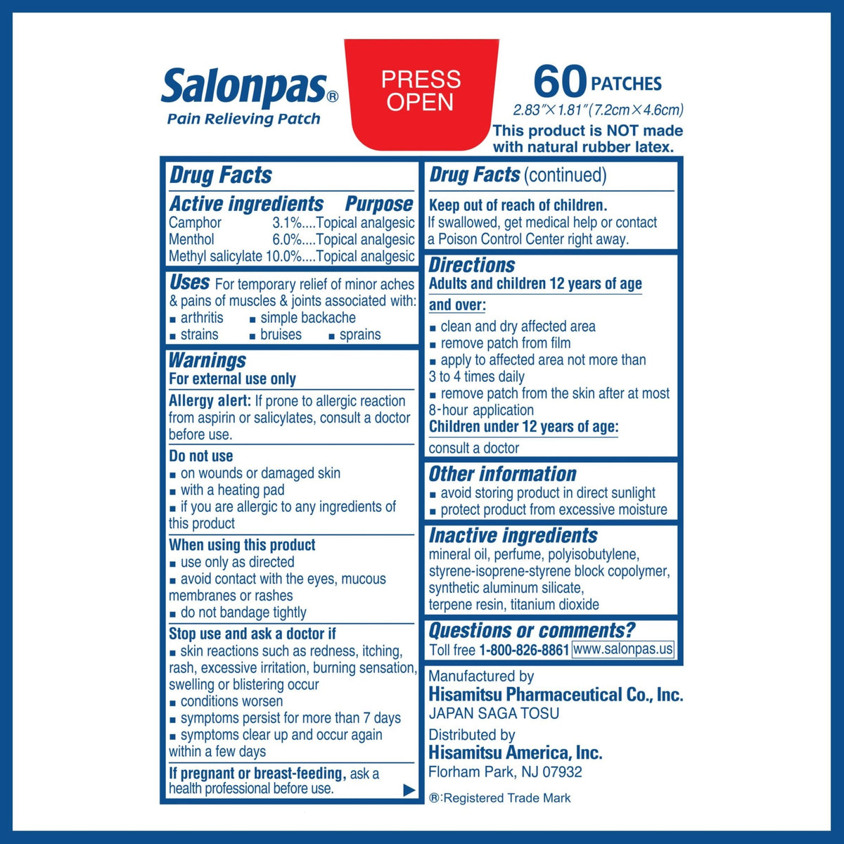 Salonpas Pain Relieving Patch for Back, Neck, Shoulder, Knee Pain and Muscle Soreness - 8 Hour Pain Relief - 60 Count - FENGGESTORE20