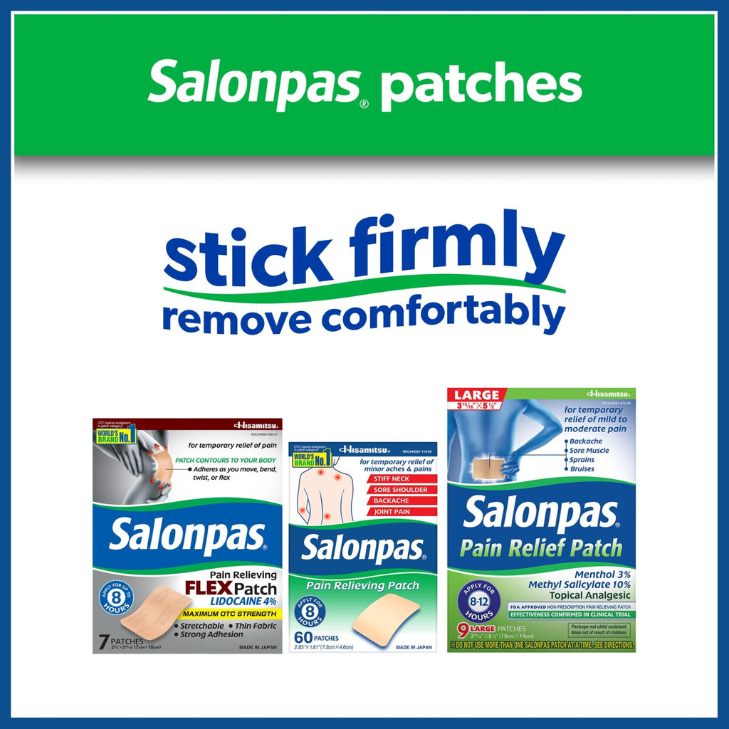 Salonpas Pain Relieving Patch for Back, Neck, Shoulder, Knee Pain and Muscle Soreness - 8 Hour Pain Relief - 60 Count - FENGGESTORE20