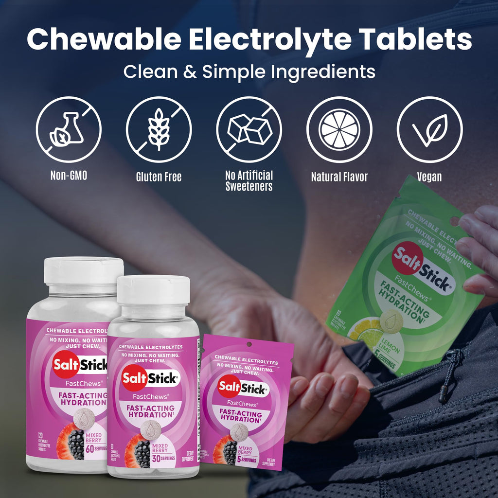 SaltStick Electrolyte FastChews - 60 Mixed Berry Chewable Tablets - Salt Tablets for Running and Hydration, Electrolyte Chews - 60 Count Bottle - FENGGESTORE20