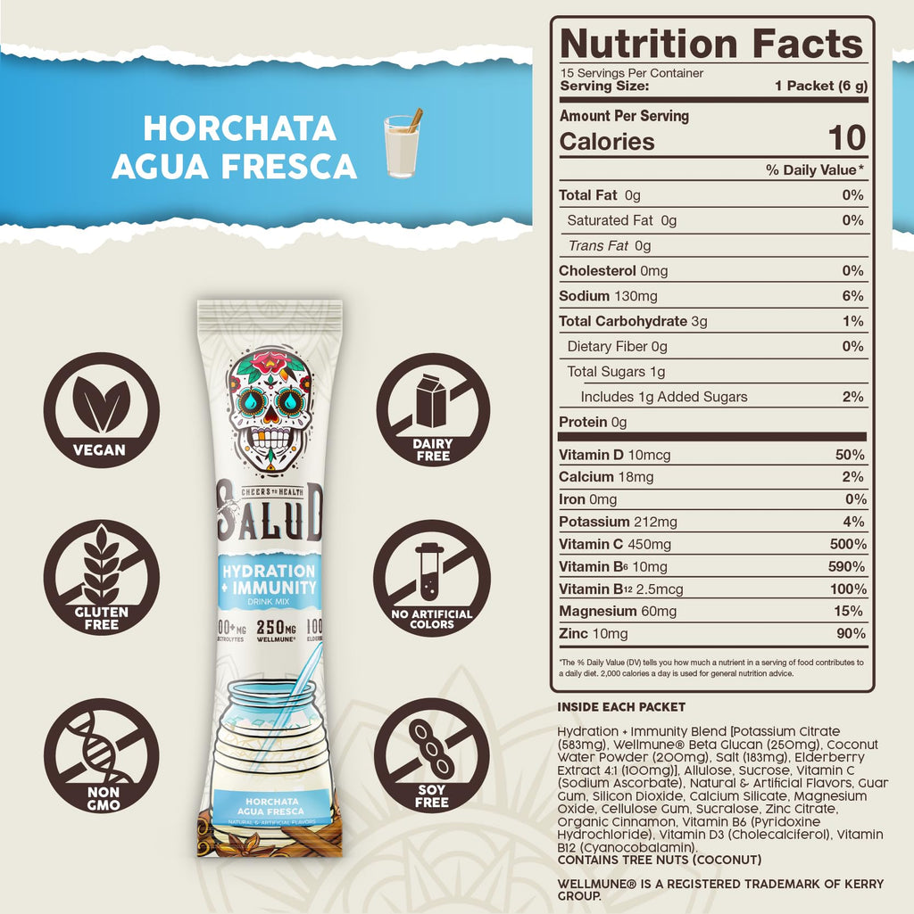 Salud 2-in-1 Hydration Packets + Immunity Electrolytes Powder, Horchata - Agua Fresca Drink Mix, Elderberry, Dairy & Soy Free, Non-GMO, Gluten Free, Vegan - FENGGESTORE20