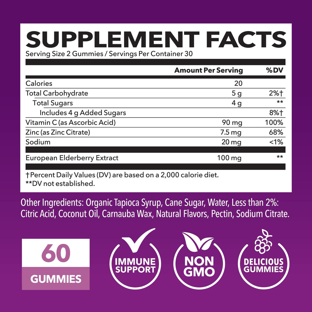 Sambucus Elderberry Gummies for Adults - Immune Support Supplement with Vitamin C and Zinc - Enhanced Formula for Daily Defense - 60 Count - FENGGESTORE20