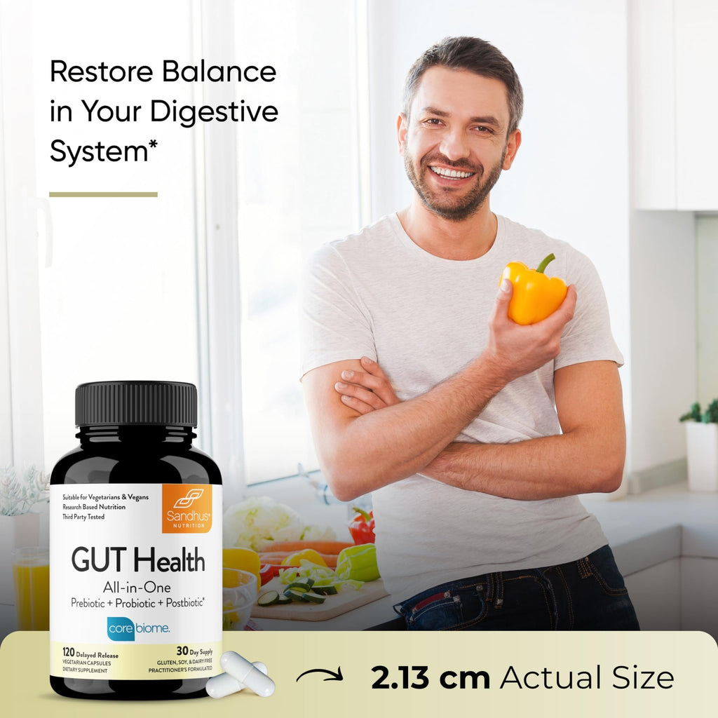 Sandhu's Gut Health - Prebiotic, Probiotic, Postbiotic & L-Glutamine | Digestive Health, Colon, Probiotic Total Supplements | 120 Delayed Release Capsules - FENGGESTORE20