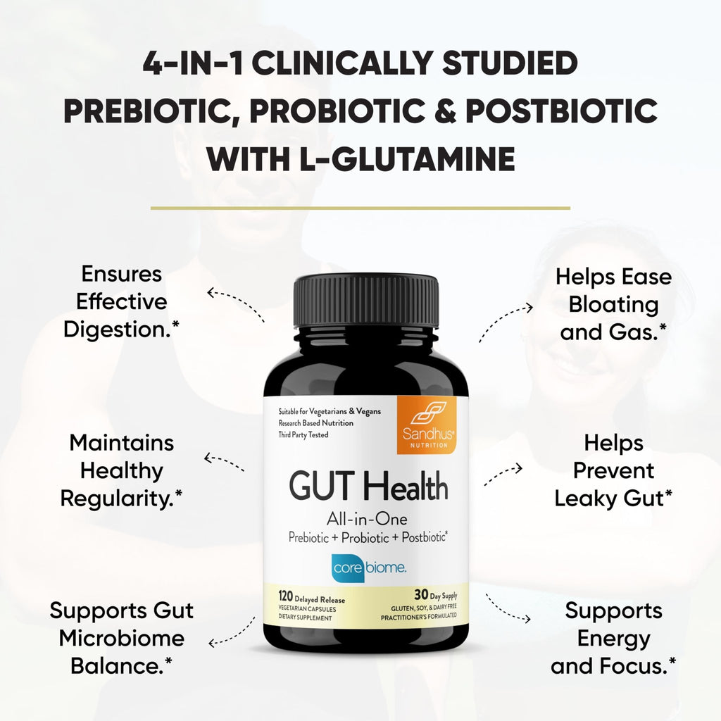 Sandhu's Gut Health - Prebiotic, Probiotic, Postbiotic & L-Glutamine | Digestive Health, Colon, Probiotic Total Supplements | 120 Delayed Release Capsules - FENGGESTORE20