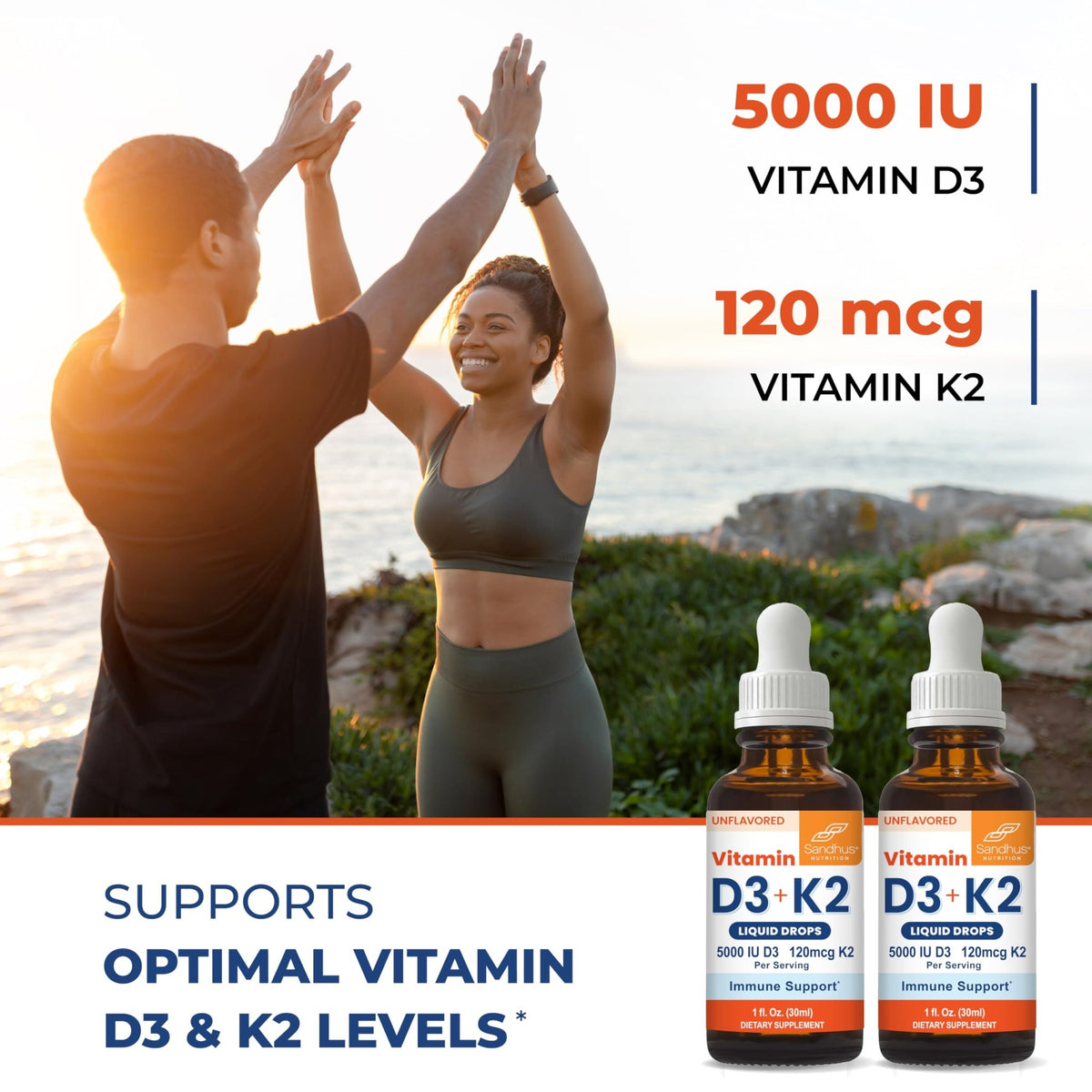 Sandhu's Vitamin D3 K2 Drops for Adults | 5000 IU D3 Liquid, 120mcg K2 Supplement 1 Fl Oz (Pack of 2) | D3K2 Supports Superior Absorption - FENGGESTORE20